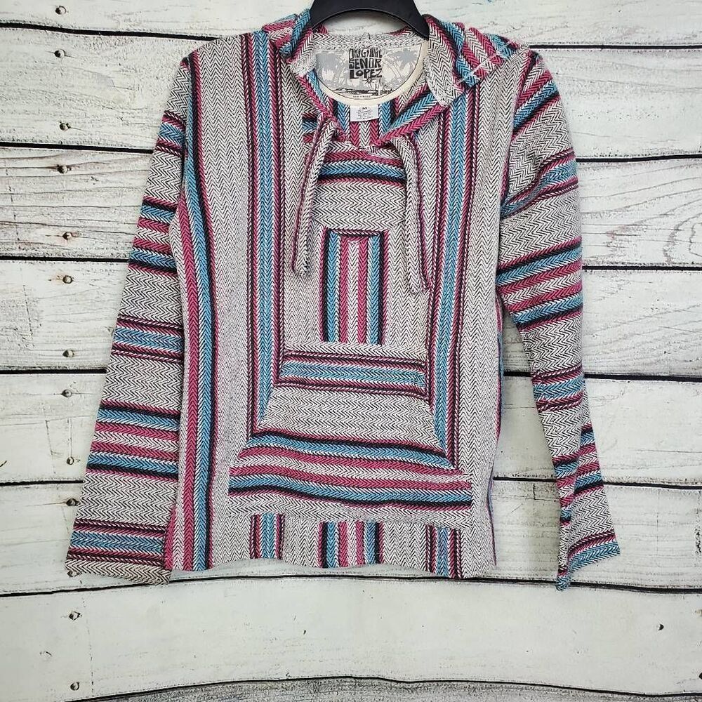 Original Señor Lopez Baja Hoodie Pullover M Multicolor Striped Mexican Jacket